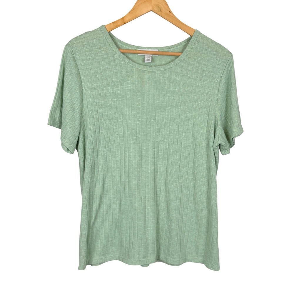 Womens Rib Knit Top XL Short Sleeve Sage Green Crew Neck Casual Basic Beach